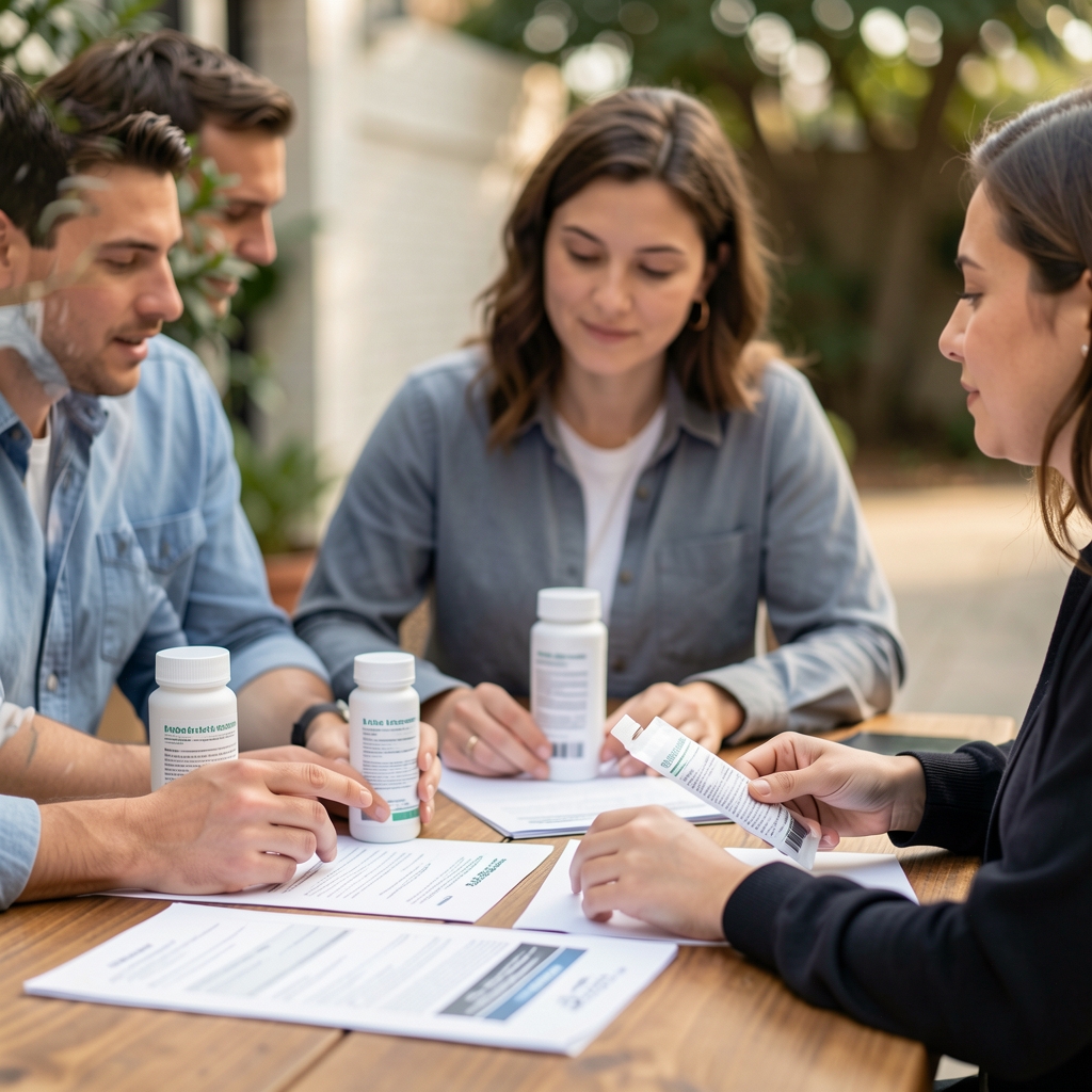 Studio workspace with selection team reviewing body care product labels and ingredient documentation on a large wooden table