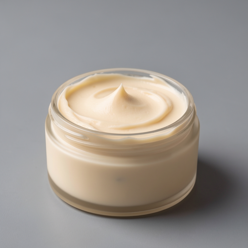 Open body butter jar with rich cream texture photographed against neutral grey background, editorial product still life